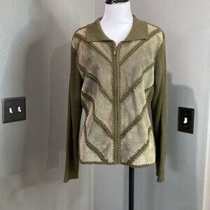 Vintage Gizel Womens Moss Green Suede Patchwork Sweater Jacket